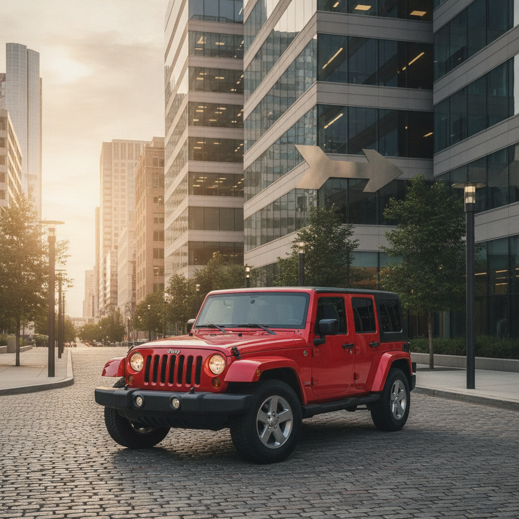 office Transportation using a red Jeep Wrangler, no people's faces can be seen from neck to toe or back of the head and the office located at the city