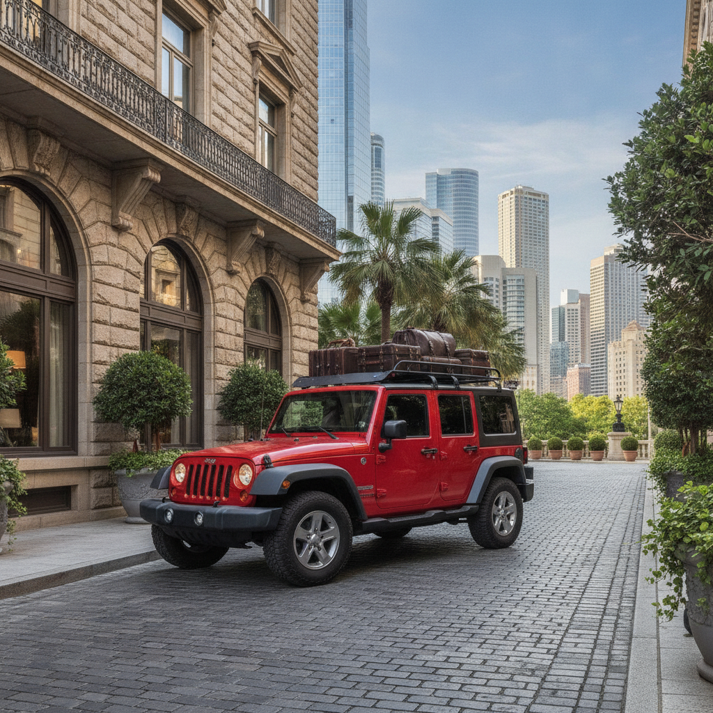 Hotel Transportation using a red Jeep Wrangler, no people's faces can be seen from neck to toe or back of the head and ithe hotel located at the city