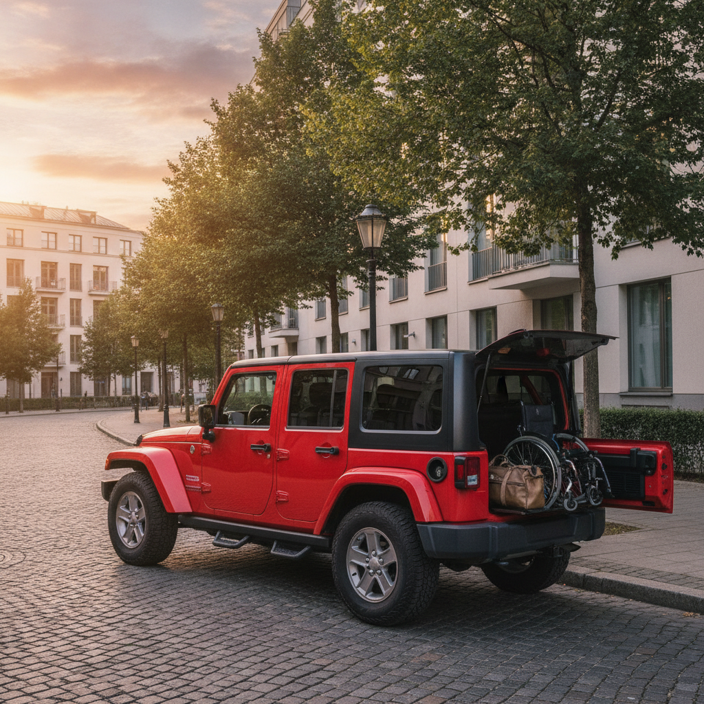 senior Transportation using a red Jeep Wrangler, no people's faces can be seen from neck to toe or back of the head and the area located at the city